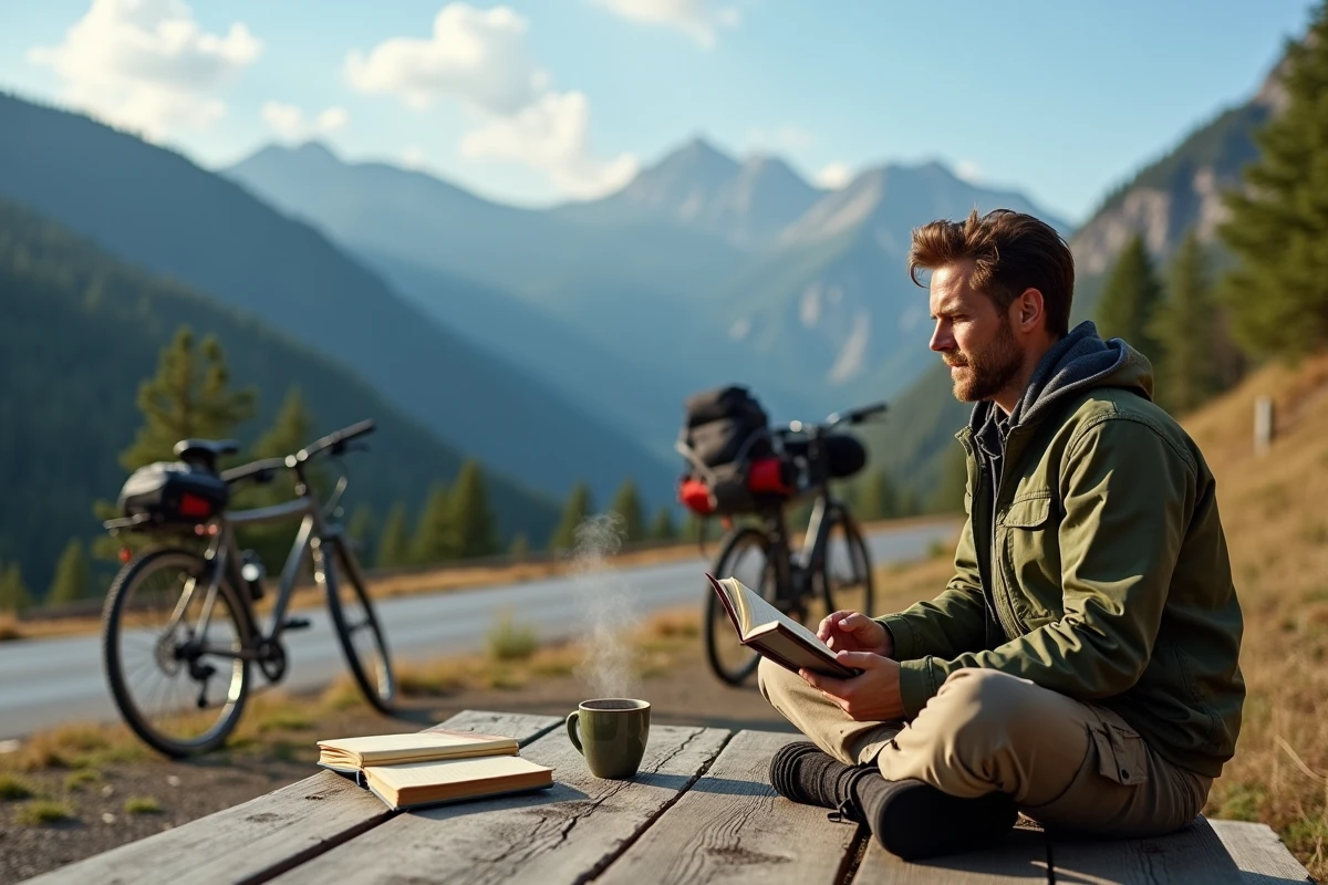 Voyageur solo consultant son carnet de voyage près d'un vélo de randonnée sur une route de montagne isolée