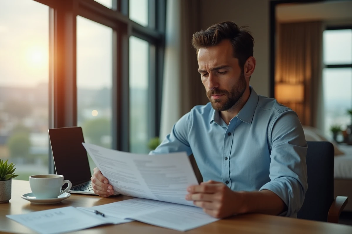 homme d'affaires examine ses documents d'assurance voyage et conditions à Dubaï depuis sa chambre