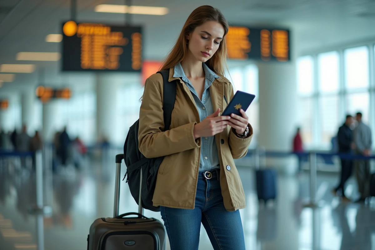Femme voyageuse seule à l'aéroport vérifiant ses documents et informations avant son voyage aux Émirats