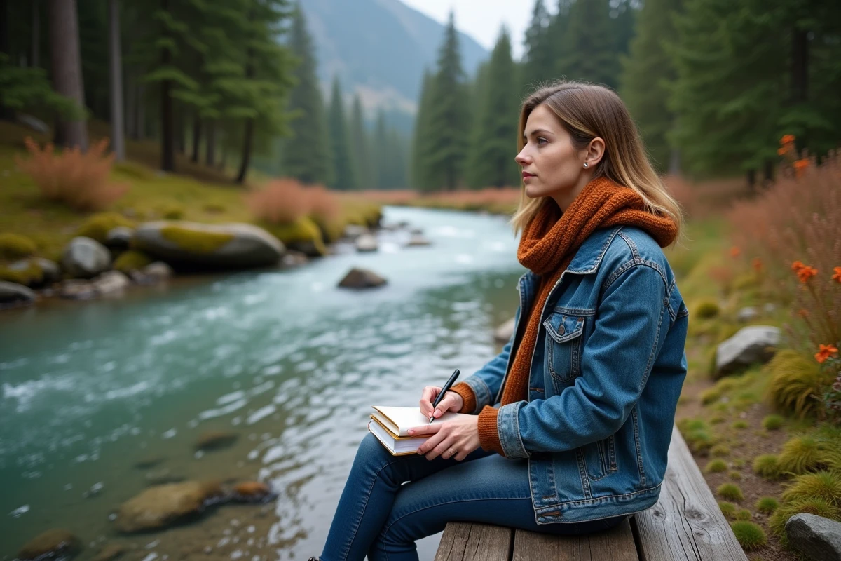 Femme voyageuse assise près d'un ruisseau de montagne dans une vallée vierge entourée de forêt dense