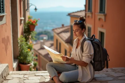 Voyageuse solo consultant une carte dans une ruelle méditerranéenne pavée, avec sac à dos et expression déterminée