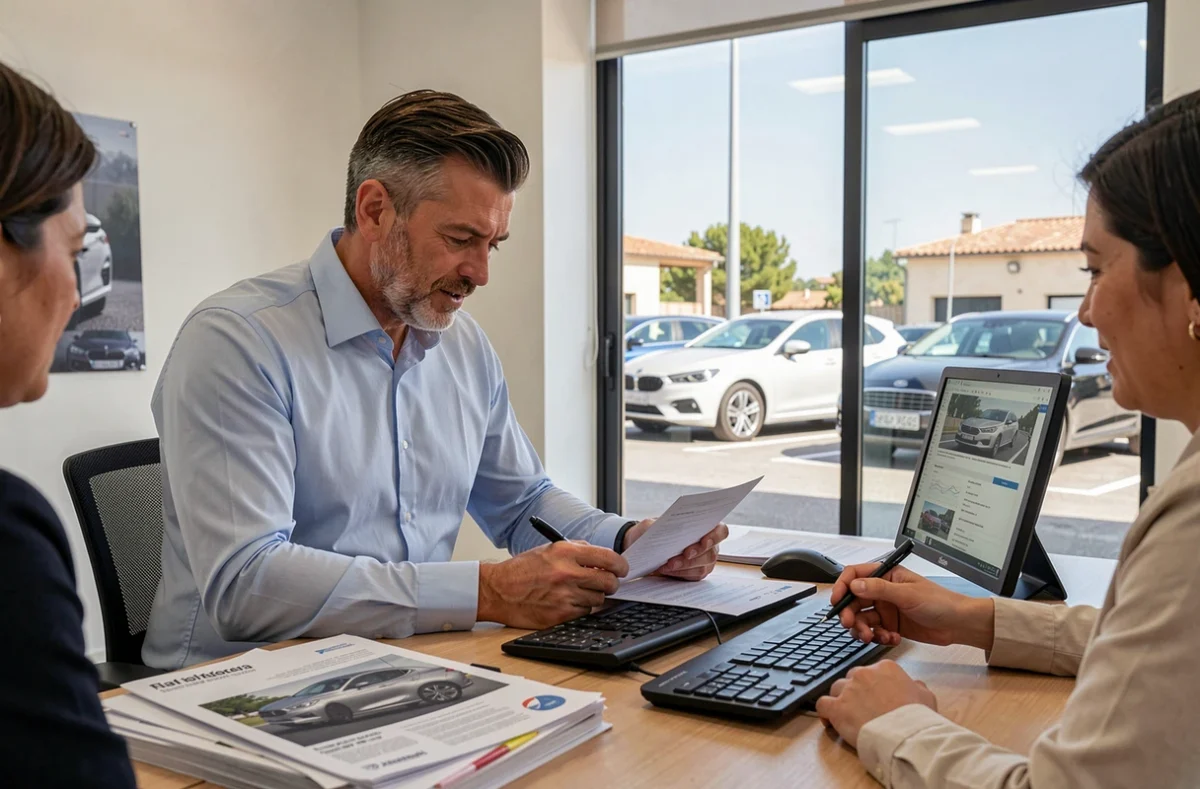 Agent mandataire automobile de VPN Autos à Gardanne près d'Aix-en-Provence conseillant un couple dans son bureau avec des véhicules visibles en arrière-plan