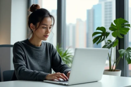 femme professionnelle travaillant sur un Mac portable dans un bureau minimaliste avec vue sur la ville