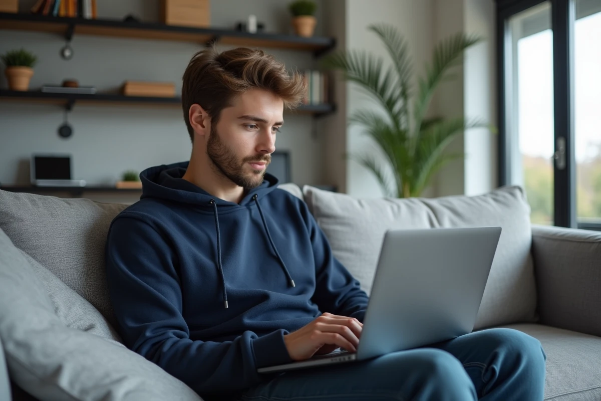 jeune homme utilisant un VPN sur MacBook dans un salon contemporain pour sécuriser sa connexion internet