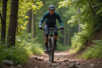 Cycliste homme à vélo électrique tout terrain en forêt sur sentier rocailleux, équipement technique moderne et casque de protection