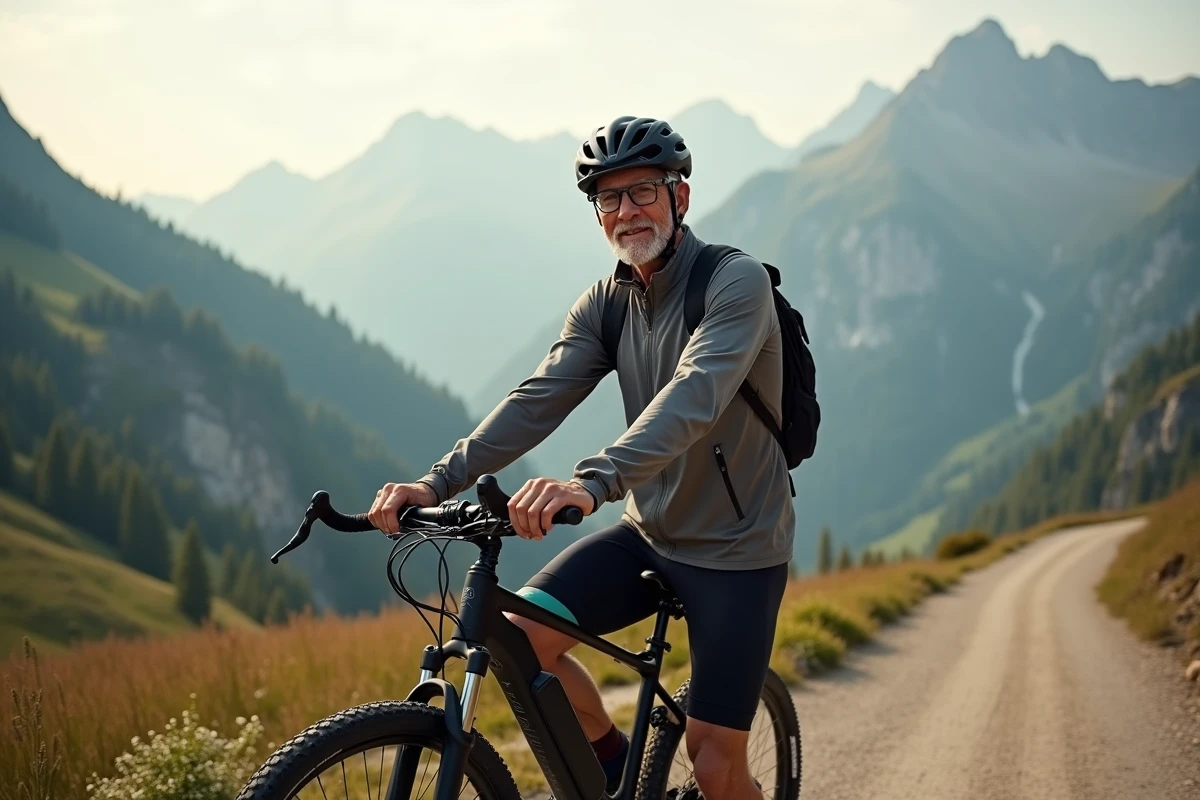 Cycliste senior expérimenté avec vélo électrique sur piste montagne panoramique, équipement confortable et paysage alpin verdoyant