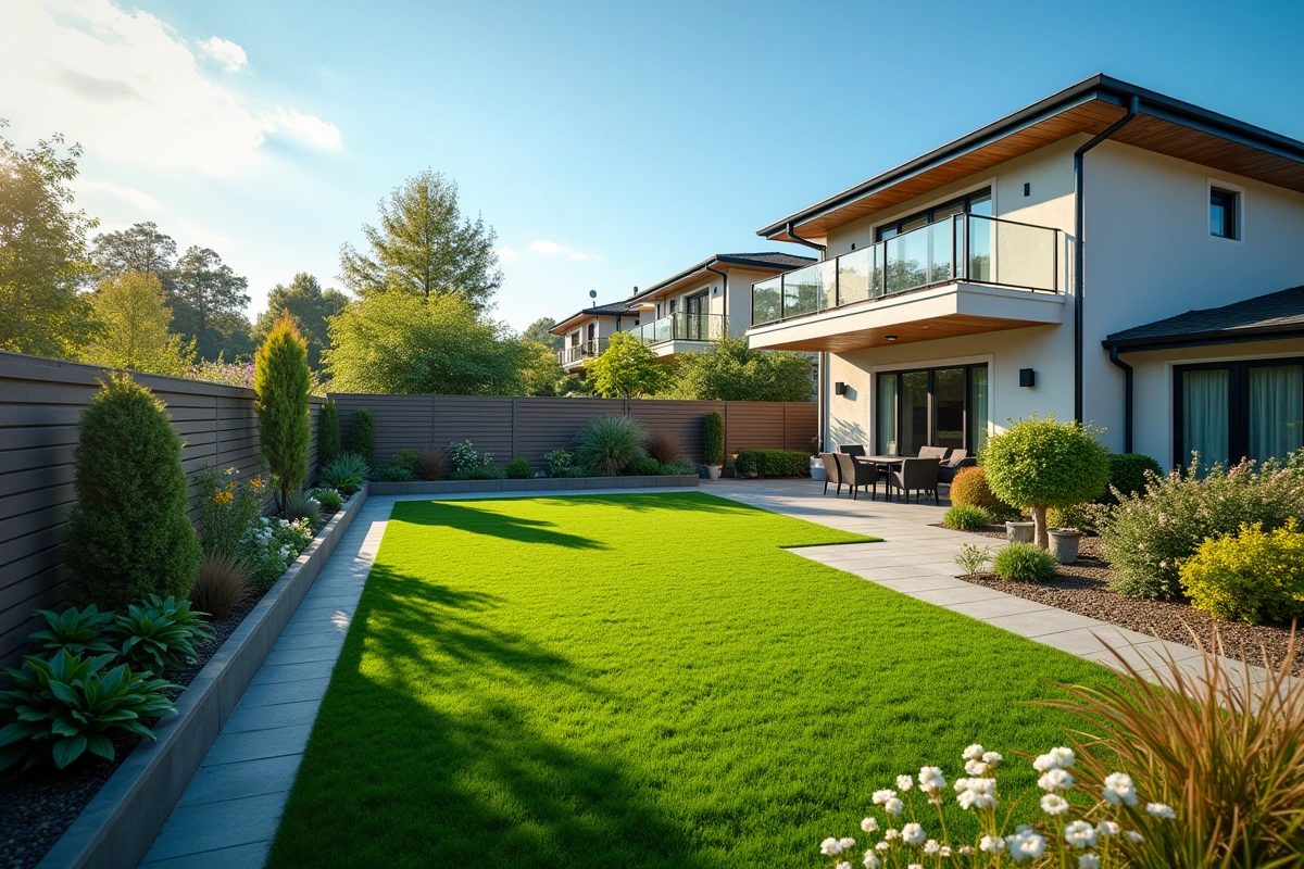 Vue aérienne d'une propriété avec clôture aluminium délimitant les espaces du jardin