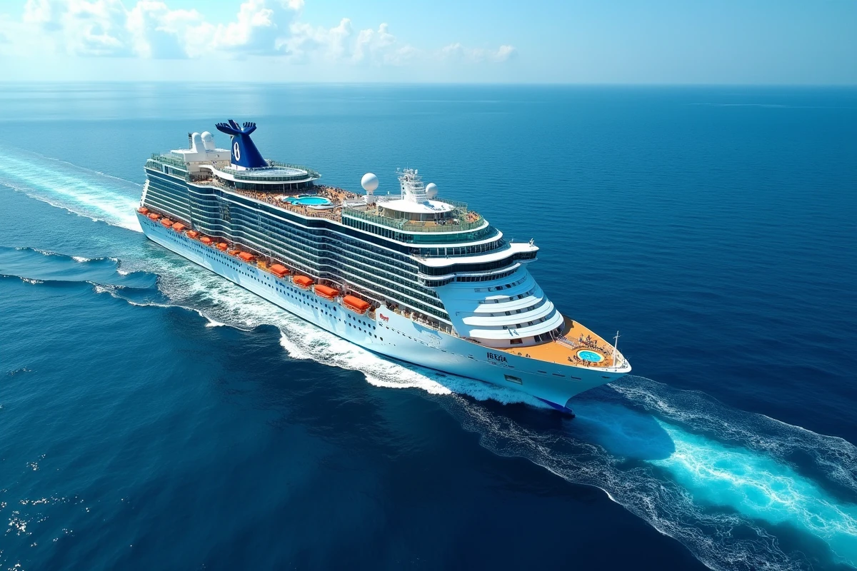 Vue aérienne d'un navire de croisière moderne naviguant en eaux tropicales