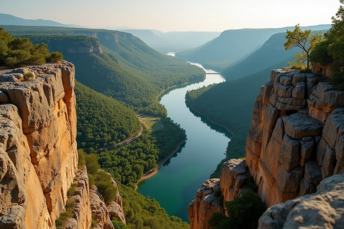 Vue panoramique aérienne de la rivière Ardèche serpentant à travers les gorges et la forêt méditerranéenne