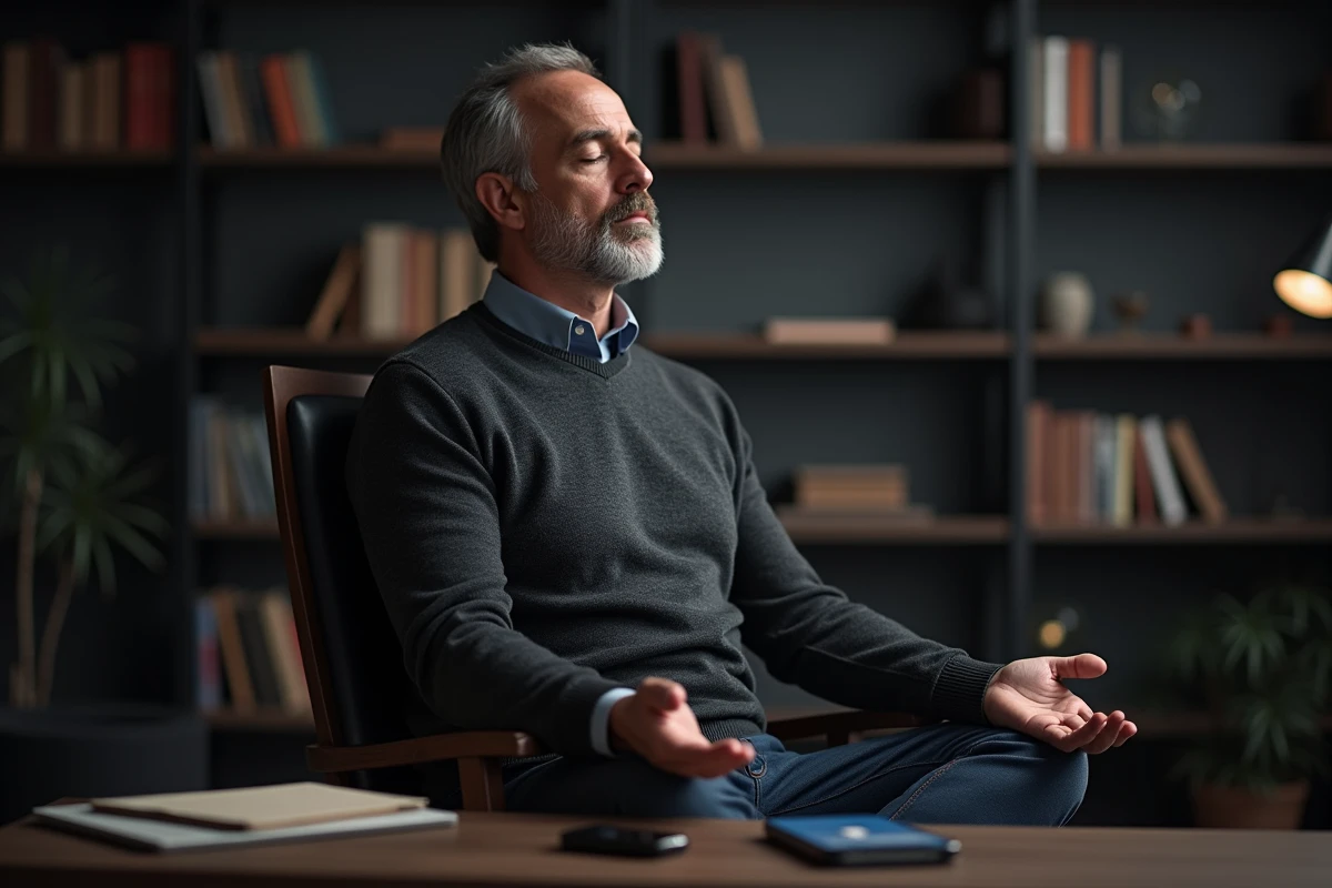 Homme en méditation avancée avec l'application Waking Up dans un bureau bibliothèque minimaliste