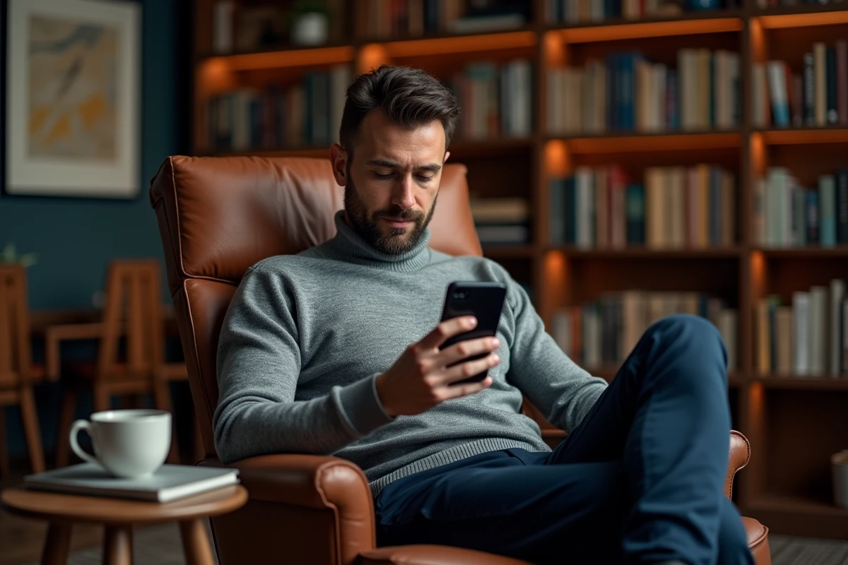 Homme dans une bibliothèque personnelle utilisant l'application Waking Up pour approfondir sa pratique de méditation