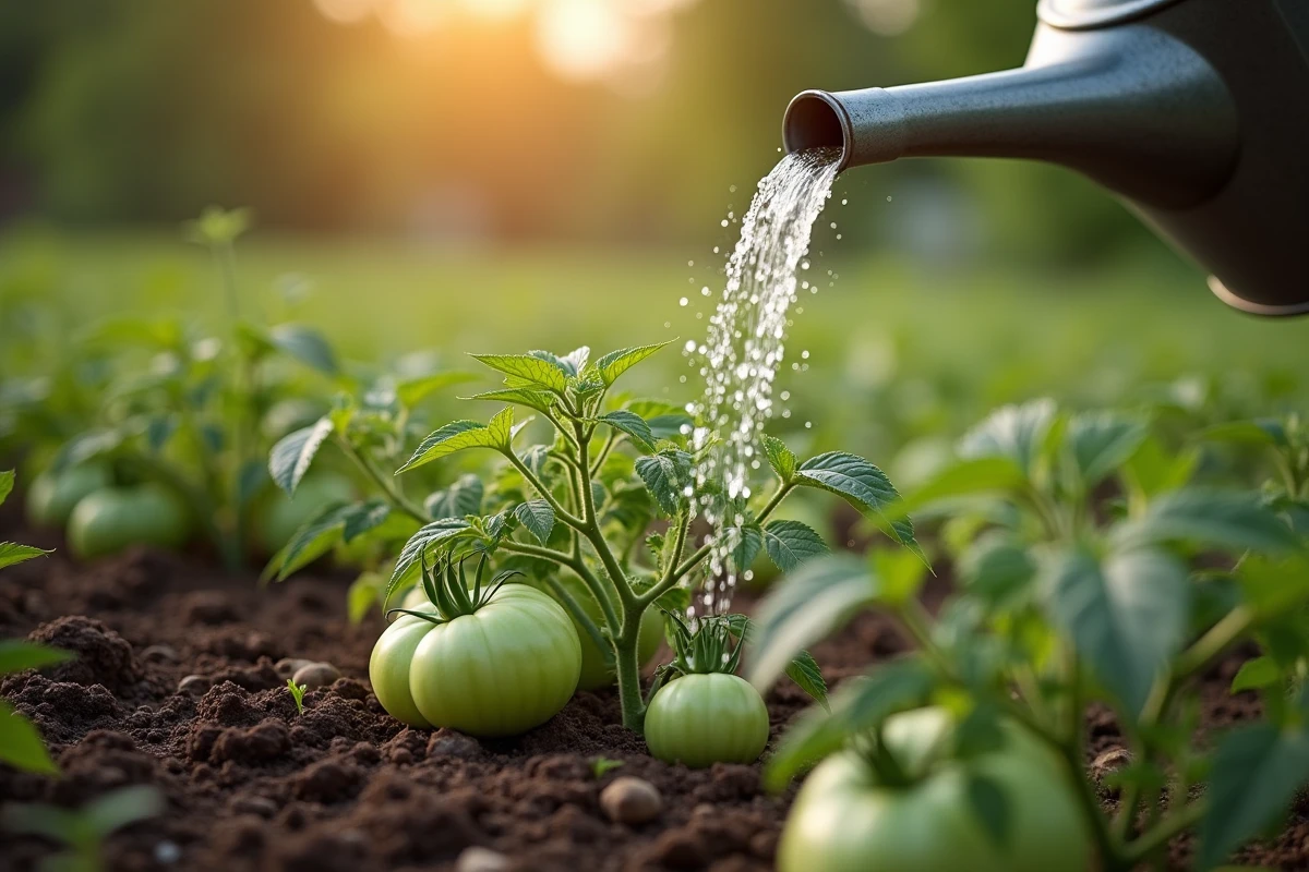 Arrosage de plants de tomates vertes au coucher du soleil