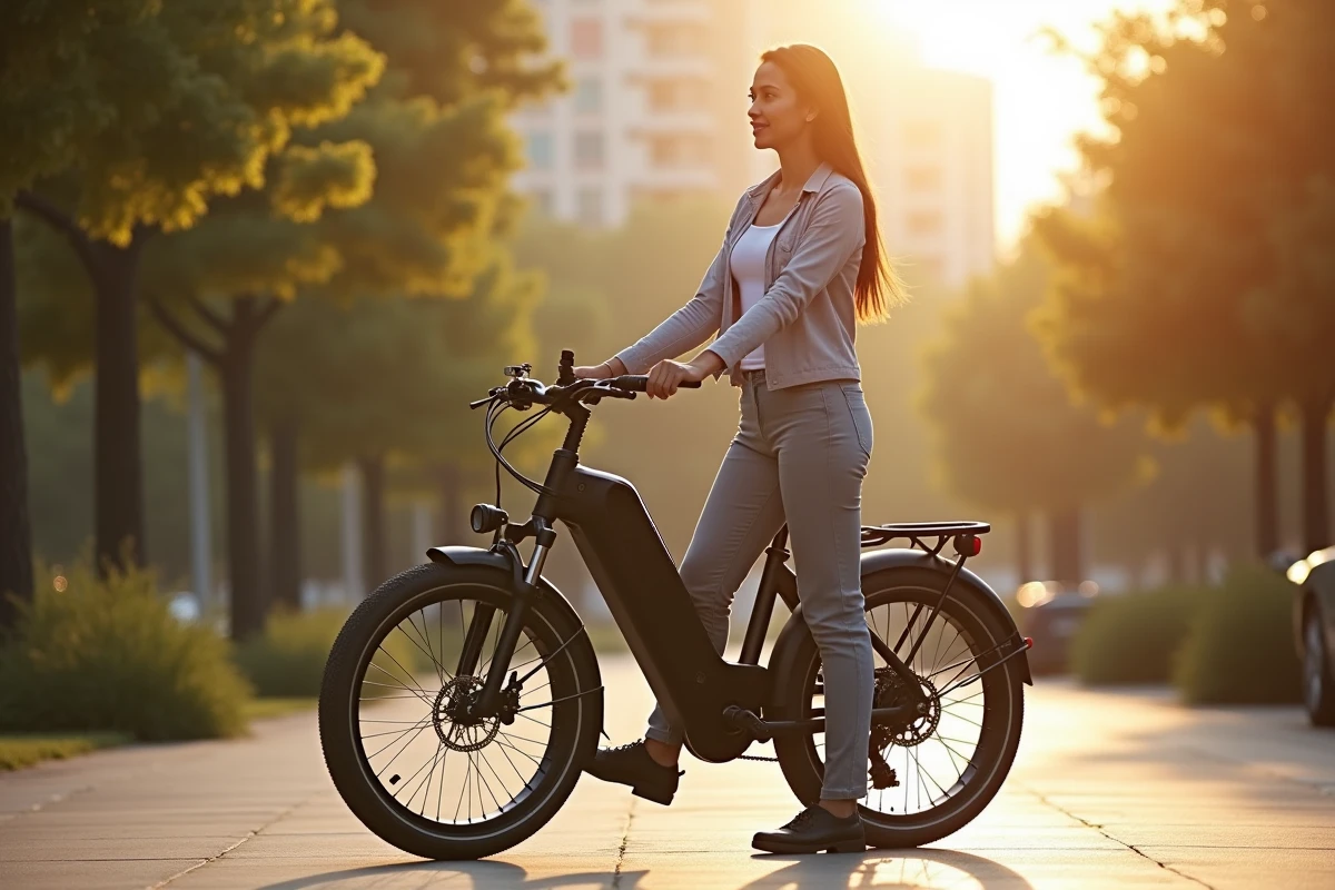 Femme présentant un vélo électrique moderne dans un parc urbain en lumière naturelle