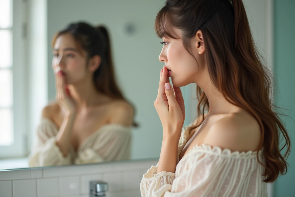 Femme examinant un bouton de fièvre dans le miroir de sa salle de bain avec inquiétude