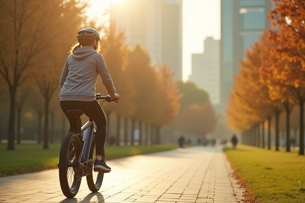 Femme en train de faire du vélo électrique dans un parc urbain avec casque de sécurité