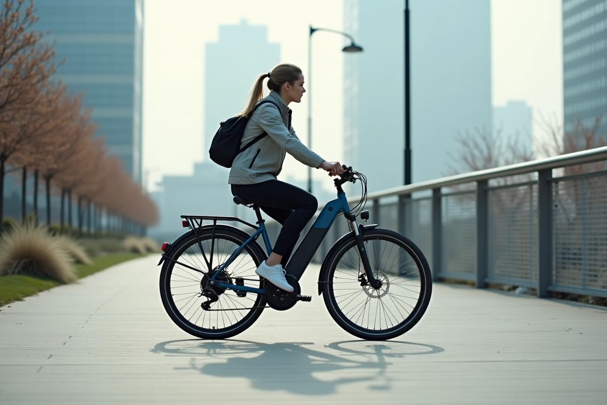 Femme testant un vélo électrique sur une piste cyclable urbaine moderne avec assistance moteur