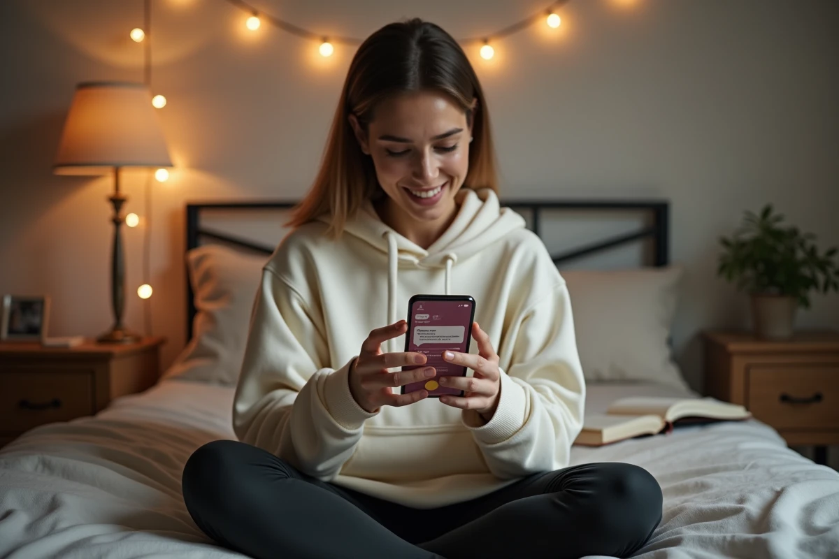 Jeune femme utilisant l'application Wysa sur son smartphone pour un soutien en santé mentale et la méditation