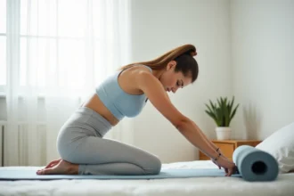 Femme pratiquant le yoga du matin dans sa chambre, posture de flexion avant douce et relaxante