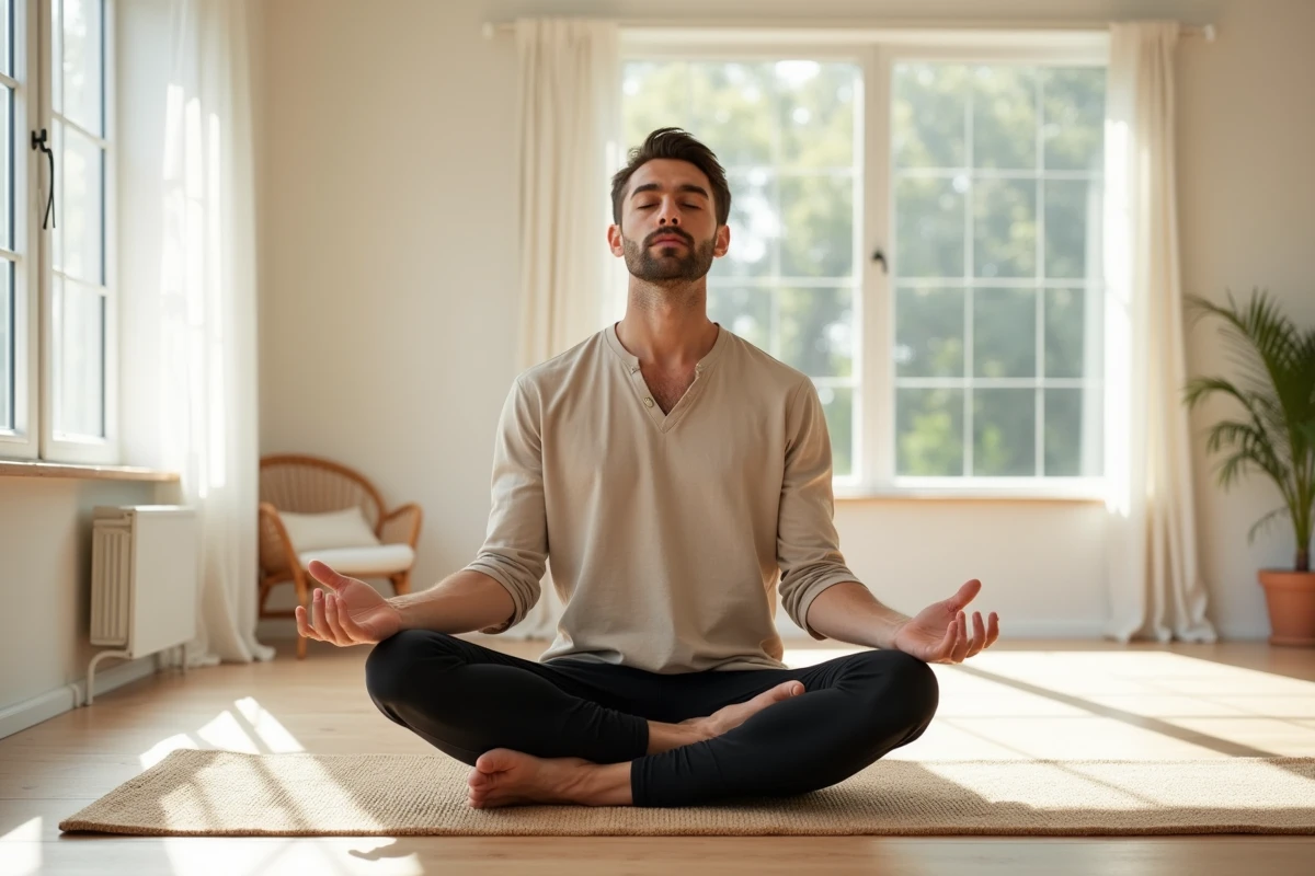 Homme en séance de yoga du matin, position méditation assise sur tapis en studio lumineux
