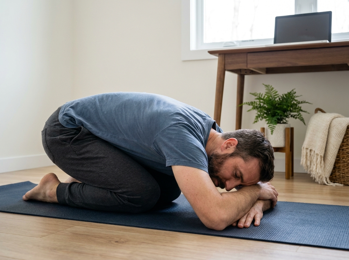 Homme en posture de l'enfant sur un tapis de yoga dans un bureau à domicile pour se détendre après une journée chargée