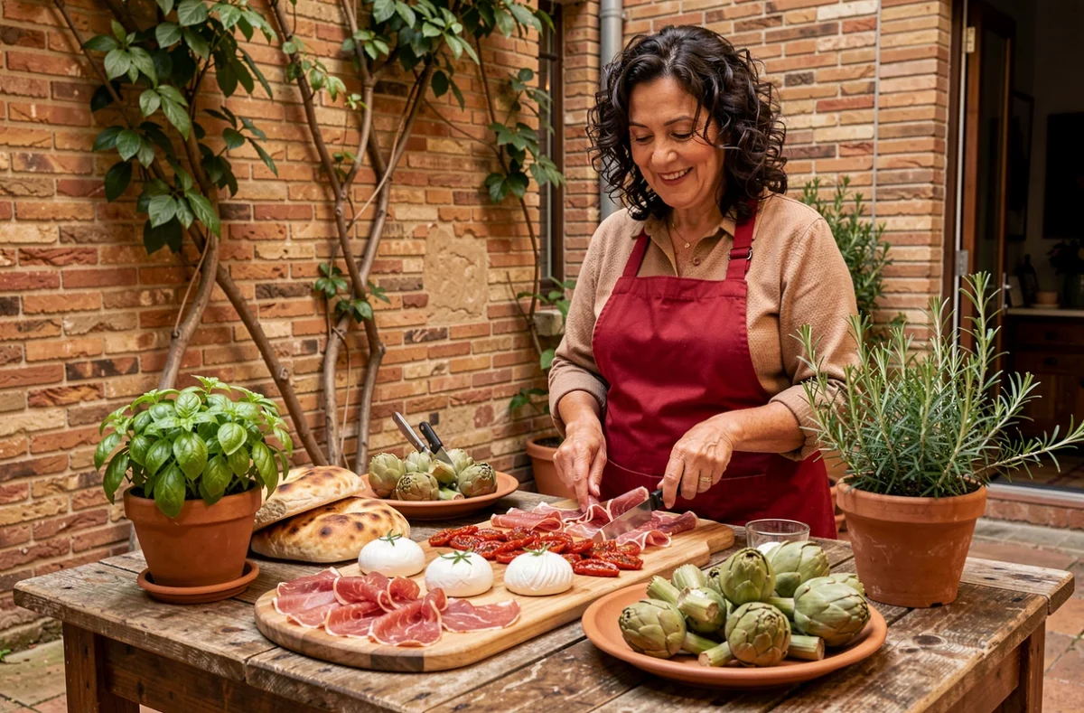 Antipasti italiens et charcuteries artisanales dressés par Zia Concetta pour un mariage convivial à Marseille
