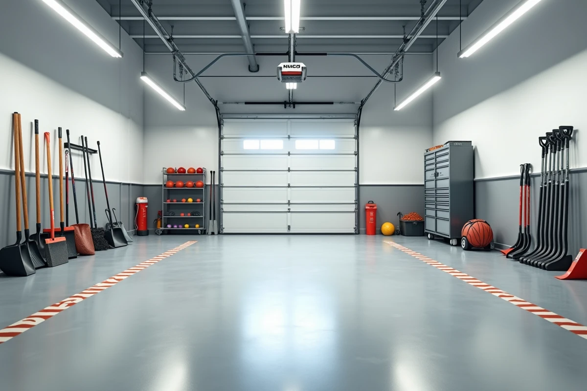 Grand garage divisé en zones dédiées avec section jardinage, équipements sportifs et zone automobile clairement délimitées par du ruban de marquage au sol